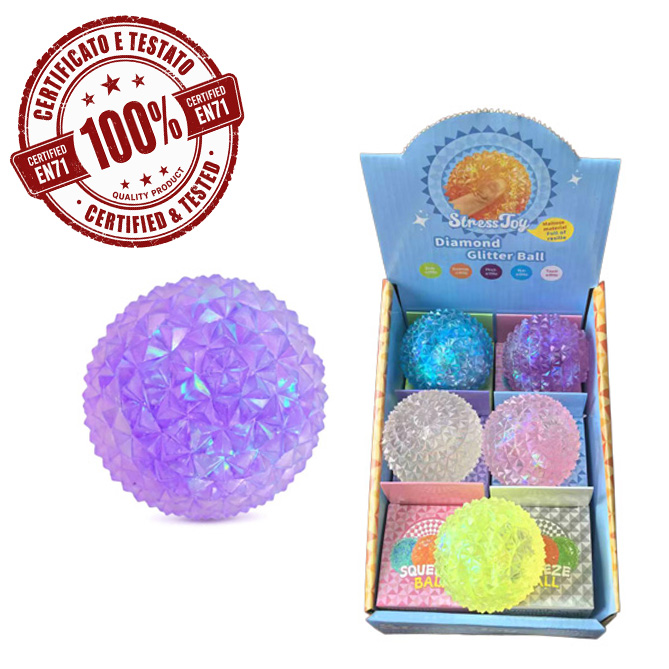 SQUISHY DIAMOND GLITTER BALL 6cm (TPR+Maltose) In box (6x6cm) In display da 12pz 3ass…x12…x144